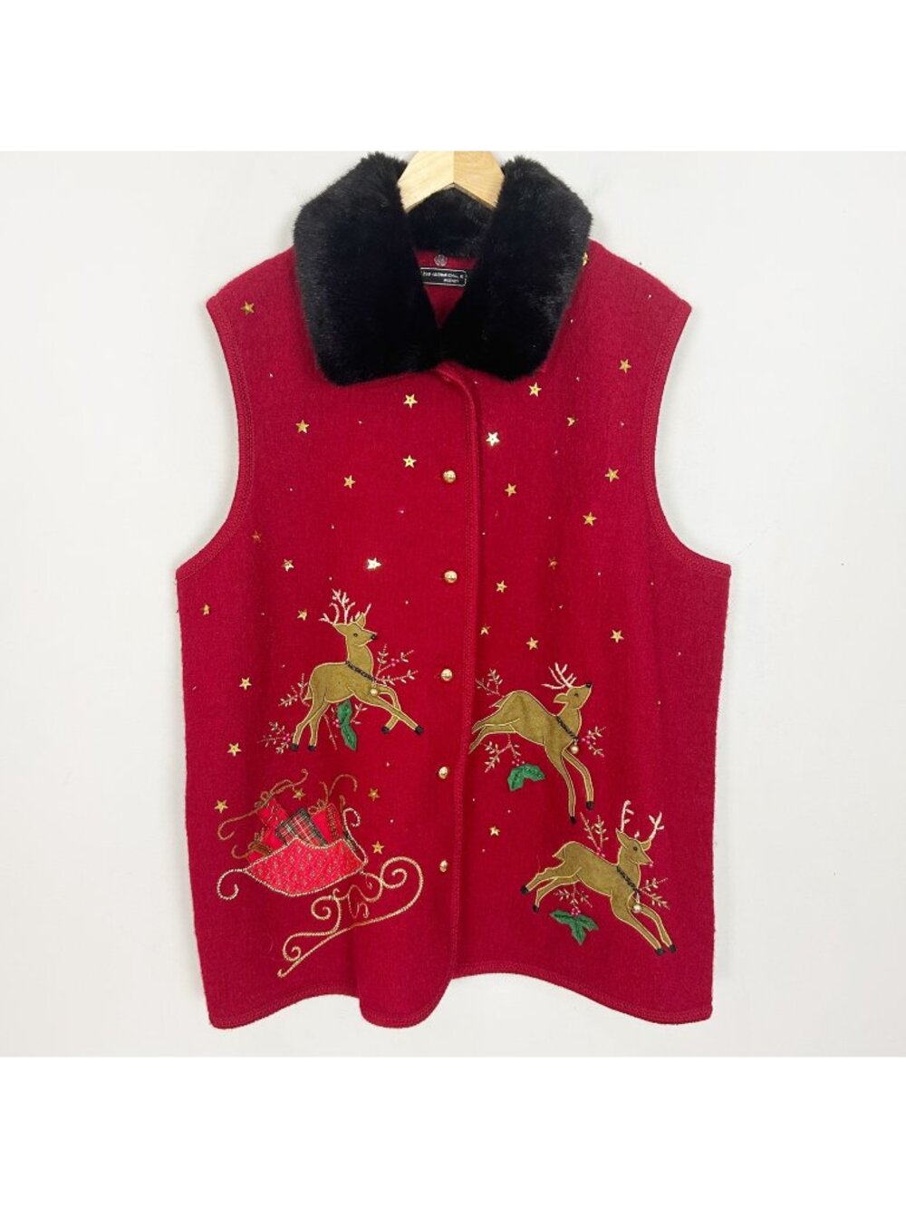 Women's Red Boiled Wool Christmas Vest Applique Beaded Holiday Size 1X
